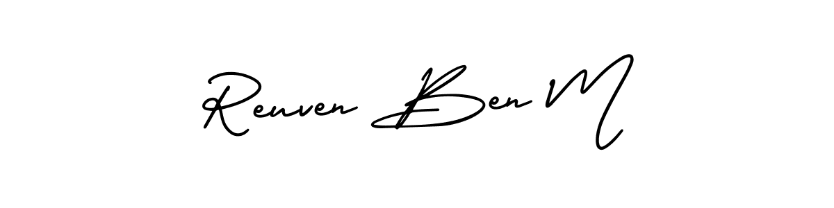 You should practise on your own different ways (AmerikaSignatureDemo-Regular) to write your name (Reuven Ben M) in signature. don't let someone else do it for you. Reuven Ben M signature style 3 images and pictures png