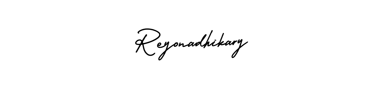 You should practise on your own different ways (AmerikaSignatureDemo-Regular) to write your name (Reyonadhikary) in signature. don't let someone else do it for you. Reyonadhikary signature style 3 images and pictures png