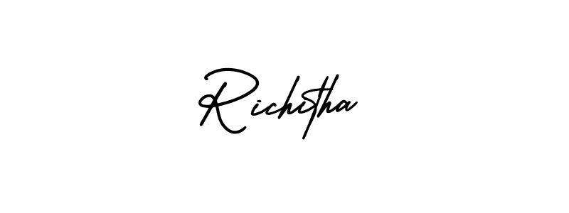 The best way (AmerikaSignatureDemo-Regular) to make a short signature is to pick only two or three words in your name. The name Richitha include a total of six letters. For converting this name. Richitha signature style 3 images and pictures png