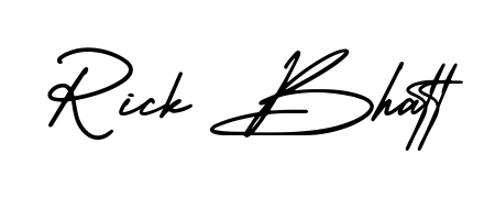A timeless handwritten aesthetic for Rick Bhatt. The AmerikaSignatureDemo-Regular font gives your signature a handcrafted feel with natural curves. Rick Bhatt signature style 3 images and pictures png