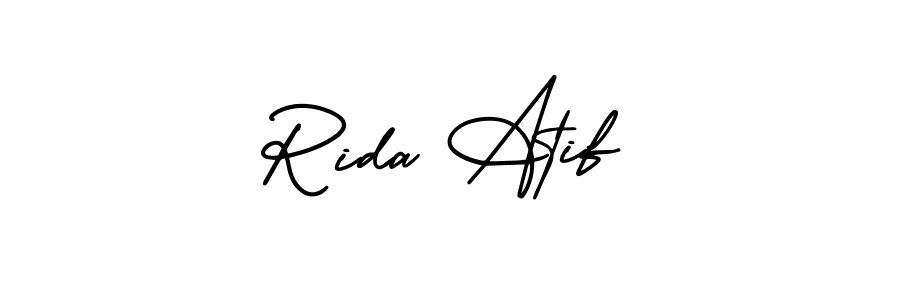 You should practise on your own different ways (AmerikaSignatureDemo-Regular) to write your name (Rida Atif) in signature. don't let someone else do it for you. Rida Atif signature style 3 images and pictures png