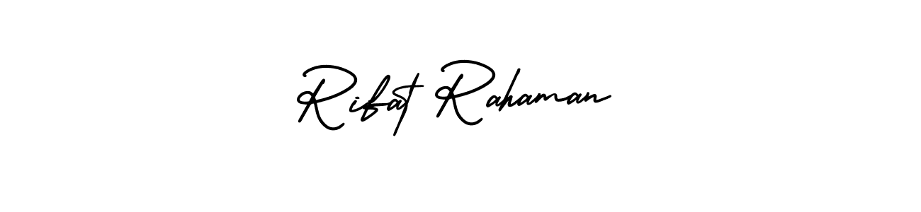 The best way (AmerikaSignatureDemo-Regular) to make a short signature is to pick only two or three words in your name. The name Rifat Rahaman include a total of six letters. For converting this name. Rifat Rahaman signature style 3 images and pictures png