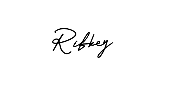 The best way (AmerikaSignatureDemo-Regular) to make a short signature is to pick only two or three words in your name. The name Rifkey include a total of six letters. For converting this name. Rifkey signature style 3 images and pictures png