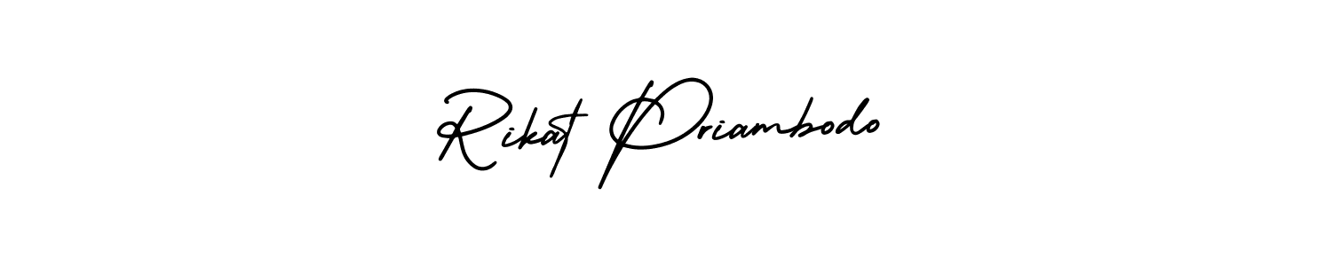 You should practise on your own different ways (AmerikaSignatureDemo-Regular) to write your name (Rikat Priambodo) in signature. don't let someone else do it for you. Rikat Priambodo signature style 3 images and pictures png