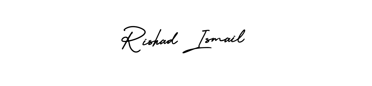 You should practise on your own different ways (AmerikaSignatureDemo-Regular) to write your name (Rishad Ismail) in signature. don't let someone else do it for you. Rishad Ismail signature style 3 images and pictures png