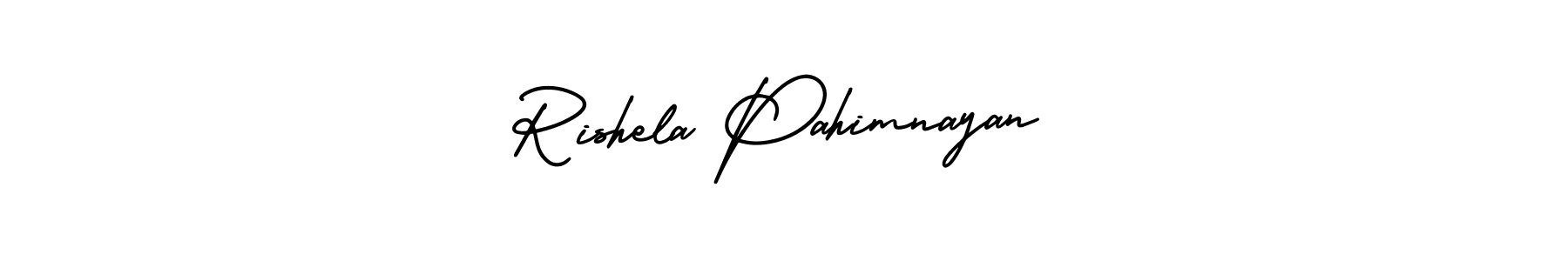 This is the best signature style for the Rishela Pahimnayan name. Also you like these signature font (AmerikaSignatureDemo-Regular). Mix name signature. Rishela Pahimnayan signature style 3 images and pictures png