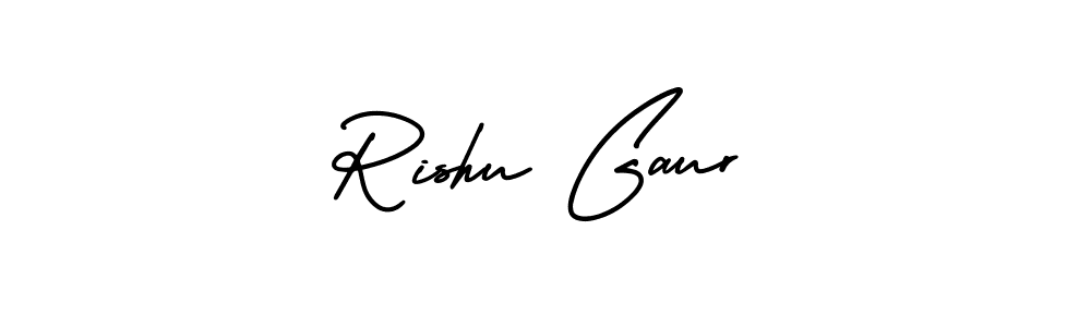 You should practise on your own different ways (AmerikaSignatureDemo-Regular) to write your name (Rishu Gaur) in signature. don't let someone else do it for you. Rishu Gaur signature style 3 images and pictures png