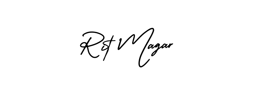 You should practise on your own different ways (AmerikaSignatureDemo-Regular) to write your name (Rit Magar) in signature. don't let someone else do it for you. Rit Magar signature style 3 images and pictures png