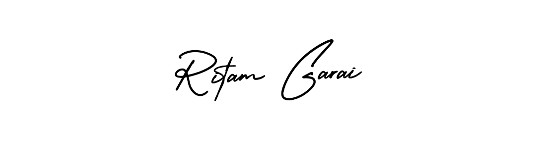 You should practise on your own different ways (AmerikaSignatureDemo-Regular) to write your name (Ritam Garai) in signature. don't let someone else do it for you. Ritam Garai signature style 3 images and pictures png