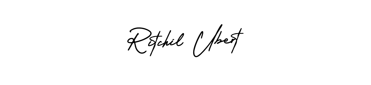 The best way (AmerikaSignatureDemo-Regular) to make a short signature is to pick only two or three words in your name. The name Ritchil Ubert include a total of six letters. For converting this name. Ritchil Ubert signature style 3 images and pictures png
