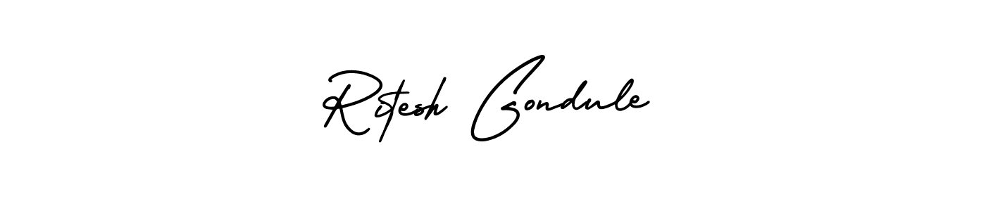 You should practise on your own different ways (AmerikaSignatureDemo-Regular) to write your name (Ritesh Gondule) in signature. don't let someone else do it for you. Ritesh Gondule signature style 3 images and pictures png