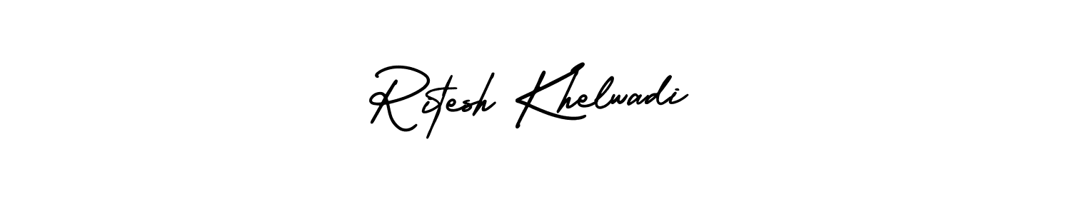 You should practise on your own different ways (AmerikaSignatureDemo-Regular) to write your name (Ritesh Khelwadi) in signature. don't let someone else do it for you. Ritesh Khelwadi signature style 3 images and pictures png