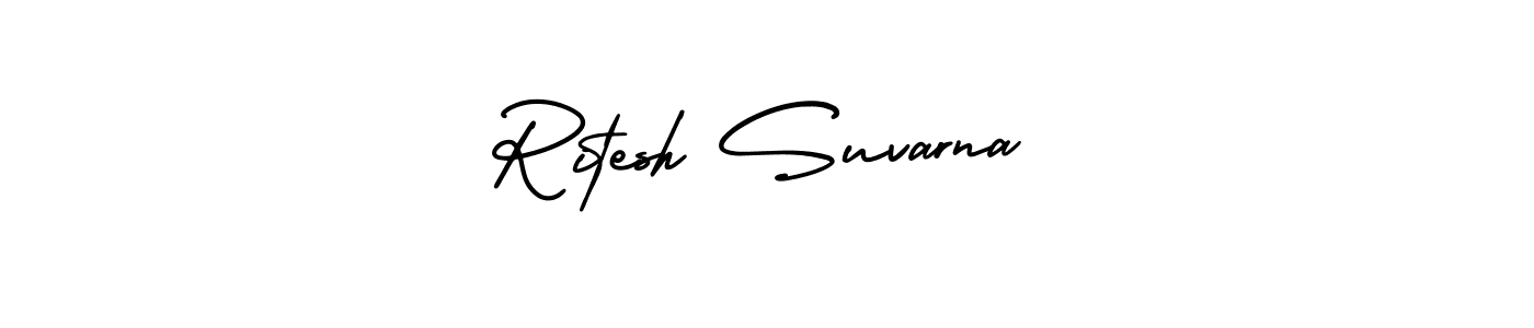 You should practise on your own different ways (AmerikaSignatureDemo-Regular) to write your name (Ritesh Suvarna) in signature. don't let someone else do it for you. Ritesh Suvarna signature style 3 images and pictures png