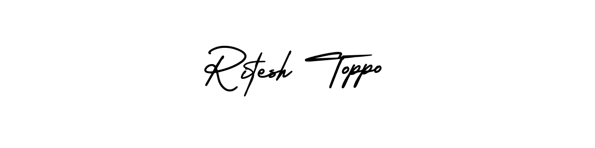 The best way (AmerikaSignatureDemo-Regular) to make a short signature is to pick only two or three words in your name. The name Ritesh Toppo include a total of six letters. For converting this name. Ritesh Toppo signature style 3 images and pictures png