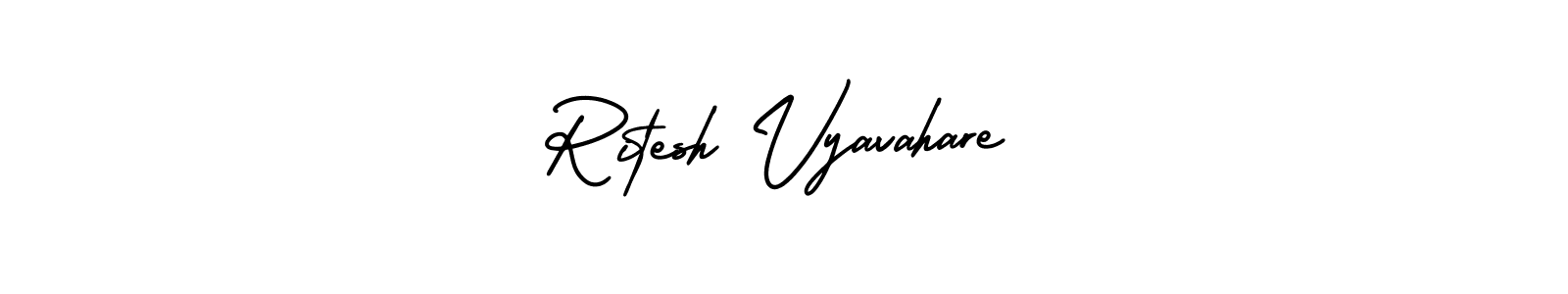 You should practise on your own different ways (AmerikaSignatureDemo-Regular) to write your name (Ritesh Vyavahare) in signature. don't let someone else do it for you. Ritesh Vyavahare signature style 3 images and pictures png