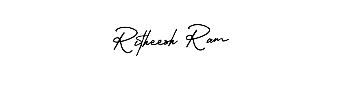 You should practise on your own different ways (AmerikaSignatureDemo-Regular) to write your name (Ritheesh Ram) in signature. don't let someone else do it for you. Ritheesh Ram signature style 3 images and pictures png