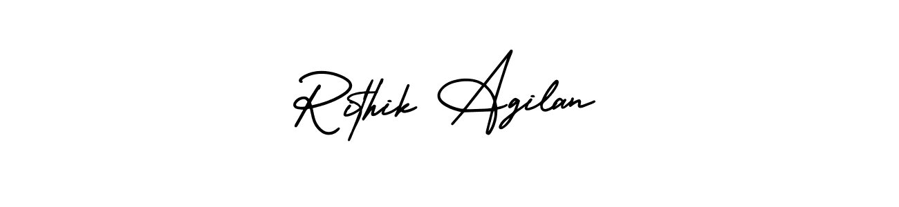 You should practise on your own different ways (AmerikaSignatureDemo-Regular) to write your name (Rithik Agilan) in signature. don't let someone else do it for you. Rithik Agilan signature style 3 images and pictures png