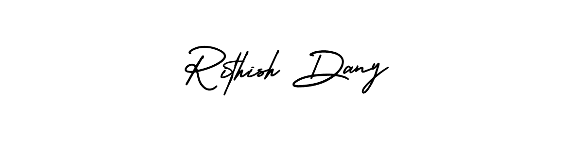 You should practise on your own different ways (AmerikaSignatureDemo-Regular) to write your name (Rithish Dany) in signature. don't let someone else do it for you. Rithish Dany signature style 3 images and pictures png