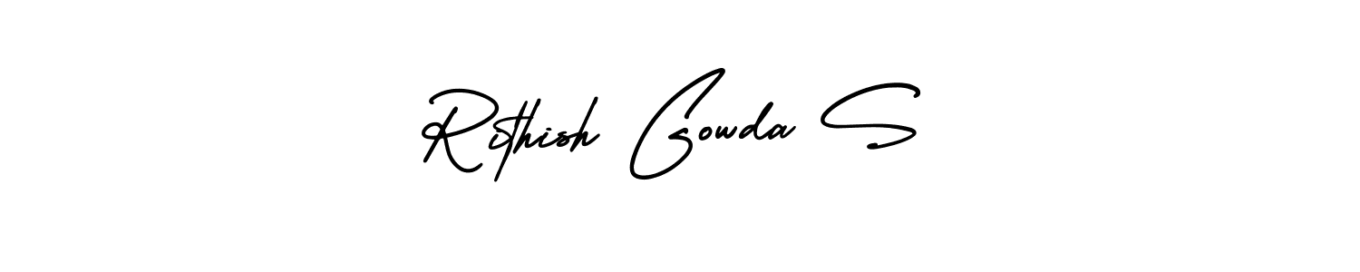 The best way (AmerikaSignatureDemo-Regular) to make a short signature is to pick only two or three words in your name. The name Rithish Gowda S include a total of six letters. For converting this name. Rithish Gowda S signature style 3 images and pictures png