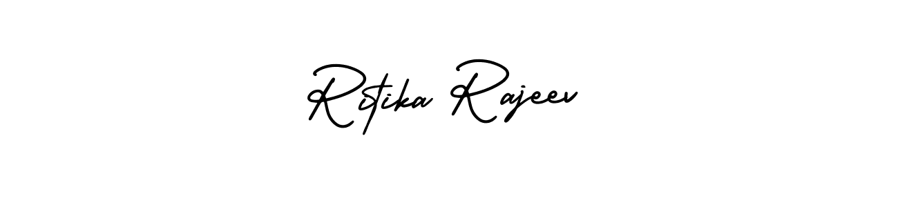 You should practise on your own different ways (AmerikaSignatureDemo-Regular) to write your name (Ritika Rajeev) in signature. don't let someone else do it for you. Ritika Rajeev signature style 3 images and pictures png