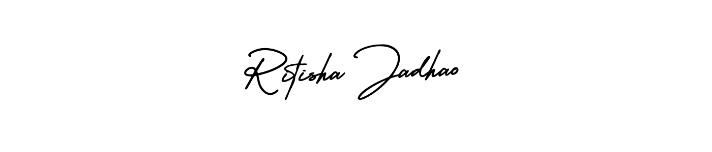 You should practise on your own different ways (AmerikaSignatureDemo-Regular) to write your name (Ritisha Jadhao) in signature. don't let someone else do it for you. Ritisha Jadhao signature style 3 images and pictures png