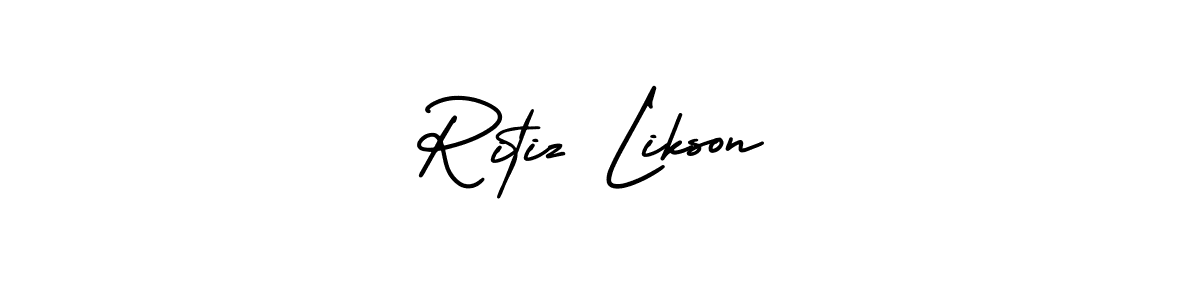 You should practise on your own different ways (AmerikaSignatureDemo-Regular) to write your name (Ritiz Likson) in signature. don't let someone else do it for you. Ritiz Likson signature style 3 images and pictures png