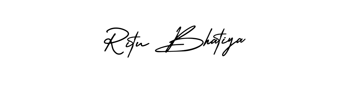 You should practise on your own different ways (AmerikaSignatureDemo-Regular) to write your name (Ritu Bhatiya) in signature. don't let someone else do it for you. Ritu Bhatiya signature style 3 images and pictures png