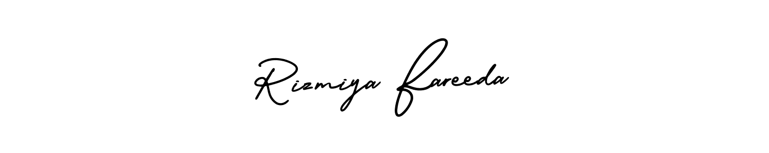 This is the best signature style for the Rizmiya Fareeda name. Also you like these signature font (AmerikaSignatureDemo-Regular). Mix name signature. Rizmiya Fareeda signature style 3 images and pictures png