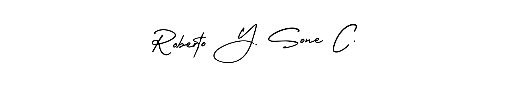 You should practise on your own different ways (AmerikaSignatureDemo-Regular) to write your name (Roberto Y. Sone C.) in signature. don't let someone else do it for you. Roberto Y. Sone C. signature style 3 images and pictures png