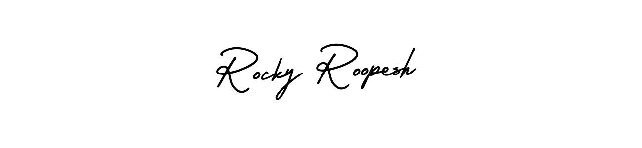 The best way (AmerikaSignatureDemo-Regular) to make a short signature is to pick only two or three words in your name. The name Rocky Roopesh include a total of six letters. For converting this name. Rocky Roopesh signature style 3 images and pictures png