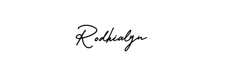 You should practise on your own different ways (AmerikaSignatureDemo-Regular) to write your name (Rodhialyn) in signature. don't let someone else do it for you. Rodhialyn signature style 3 images and pictures png