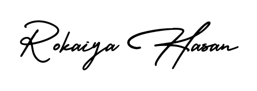 The AmerikaSignatureDemo-Regular typeface gives name Rokaiya Hasan a refined look. Suitable for certificates, diplomas, and official verification. Rokaiya Hasan signature style 3 images and pictures png