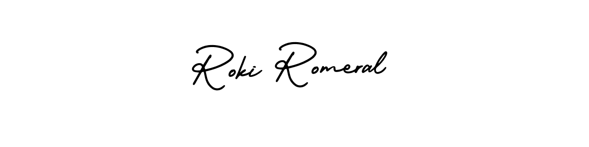 The best way (AmerikaSignatureDemo-Regular) to make a short signature is to pick only two or three words in your name. The name Roki Romeral include a total of six letters. For converting this name. Roki Romeral signature style 3 images and pictures png