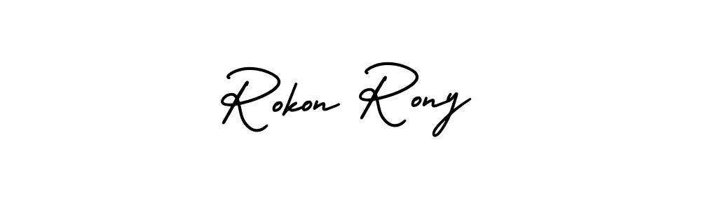 The best way (AmerikaSignatureDemo-Regular) to make a short signature is to pick only two or three words in your name. The name Rokon Rony include a total of six letters. For converting this name. Rokon Rony signature style 3 images and pictures png