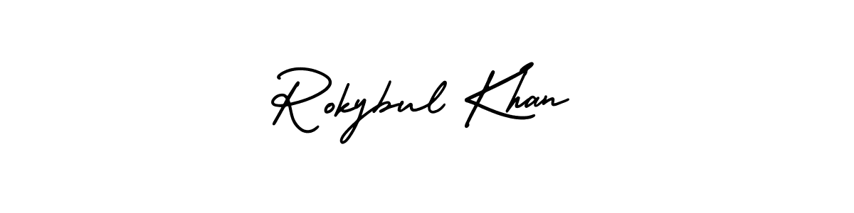 How to Draw Rokybul Khan signature style? AmerikaSignatureDemo-Regular is a latest design signature styles for name Rokybul Khan. Rokybul Khan signature style 3 images and pictures png