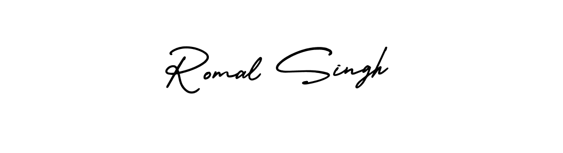 You should practise on your own different ways (AmerikaSignatureDemo-Regular) to write your name (Romal Singh) in signature. don't let someone else do it for you. Romal Singh signature style 3 images and pictures png