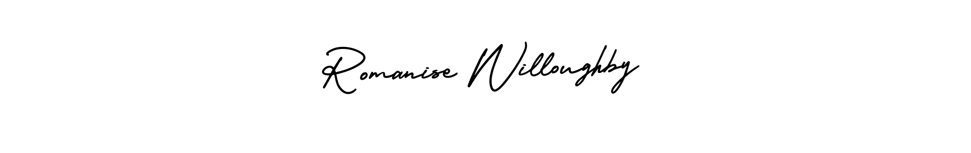 AmerikaSignatureDemo-Regular is a professional signature style that is perfect for those who want to add a touch of class to their signature. It is also a great choice for those who want to make their signature more unique. Get Romanise Willoughby name to fancy signature for free. Romanise Willoughby signature style 3 images and pictures png