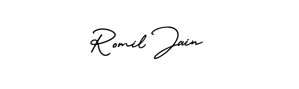 The best way (AmerikaSignatureDemo-Regular) to make a short signature is to pick only two or three words in your name. The name Romil Jain include a total of six letters. For converting this name. Romil Jain signature style 3 images and pictures png