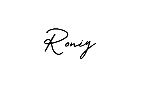 You should practise on your own different ways (AmerikaSignatureDemo-Regular) to write your name (Roniy) in signature. don't let someone else do it for you. Roniy signature style 3 images and pictures png