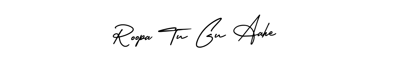 This is the best signature style for the Roopa Tu Gu Aahe name. Also you like these signature font (AmerikaSignatureDemo-Regular). Mix name signature. Roopa Tu Gu Aahe signature style 3 images and pictures png