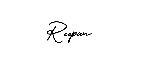 You should practise on your own different ways (AmerikaSignatureDemo-Regular) to write your name (Roopan) in signature. don't let someone else do it for you. Roopan signature style 3 images and pictures png