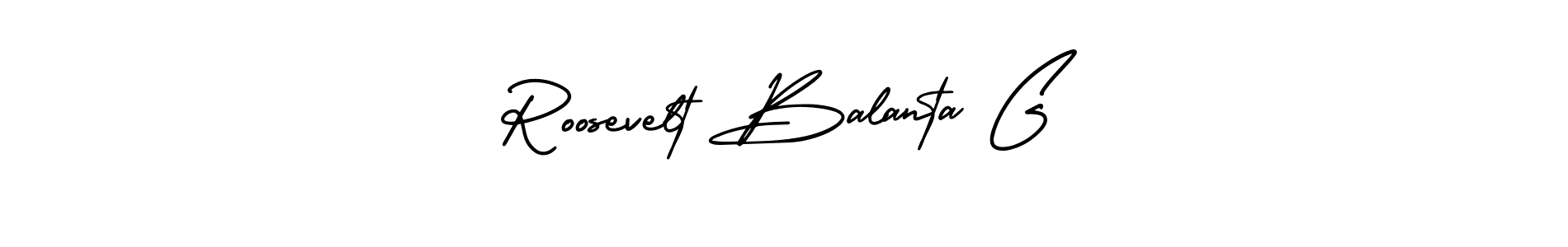 You should practise on your own different ways (AmerikaSignatureDemo-Regular) to write your name (Roosevelt Balanta G) in signature. don't let someone else do it for you. Roosevelt Balanta G signature style 3 images and pictures png