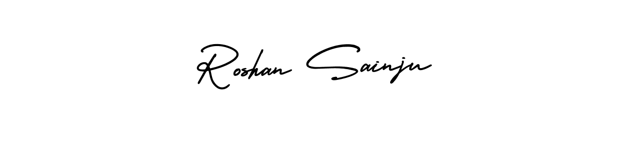 The best way (AmerikaSignatureDemo-Regular) to make a short signature is to pick only two or three words in your name. The name Roshan Sainju include a total of six letters. For converting this name. Roshan Sainju signature style 3 images and pictures png