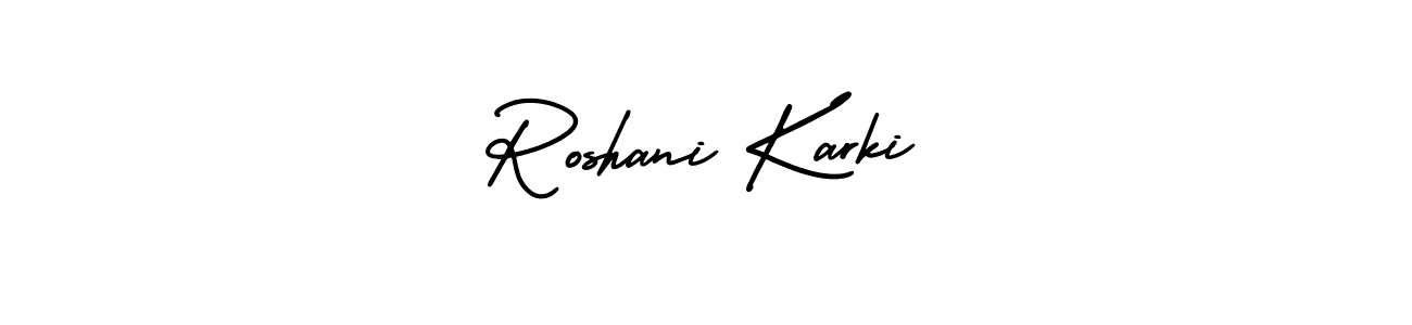 This is the best signature style for the Roshani Karki name. Also you like these signature font (AmerikaSignatureDemo-Regular). Mix name signature. Roshani Karki signature style 3 images and pictures png