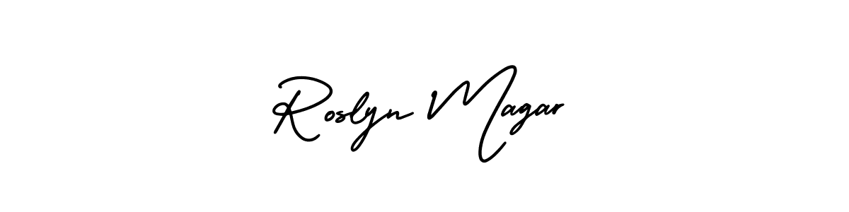 The best way (AmerikaSignatureDemo-Regular) to make a short signature is to pick only two or three words in your name. The name Roslyn Magar include a total of six letters. For converting this name. Roslyn Magar signature style 3 images and pictures png