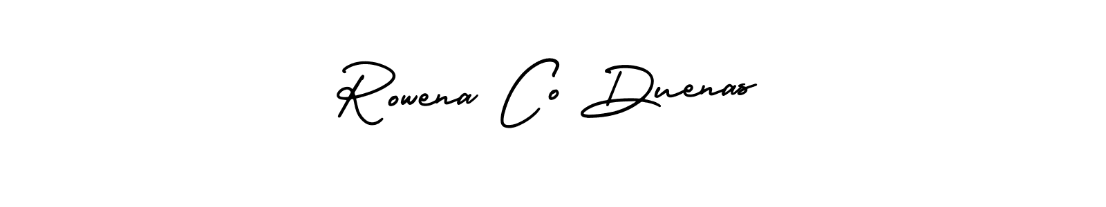 You should practise on your own different ways (AmerikaSignatureDemo-Regular) to write your name (Rowena Co Duenas) in signature. don't let someone else do it for you. Rowena Co Duenas signature style 3 images and pictures png