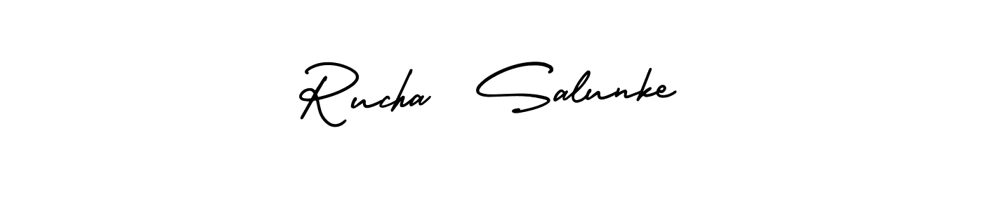 if you are searching for the best signature style for your name Rucha  Salunke. so please give up your signature search. here we have designed multiple signature styles  using AmerikaSignatureDemo-Regular. Rucha  Salunke signature style 3 images and pictures png