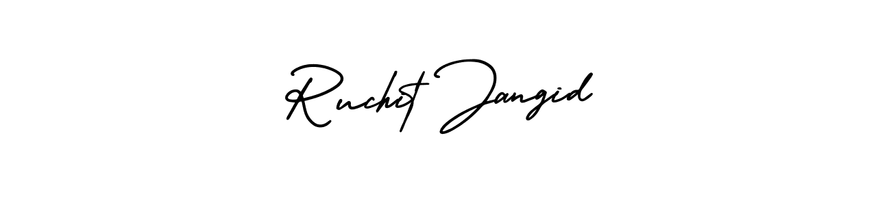 This is the best signature style for the Ruchit Jangid name. Also you like these signature font (AmerikaSignatureDemo-Regular). Mix name signature. Ruchit Jangid signature style 3 images and pictures png