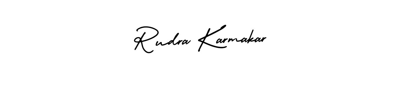 The best way (AmerikaSignatureDemo-Regular) to make a short signature is to pick only two or three words in your name. The name Rudra Karmakar include a total of six letters. For converting this name. Rudra Karmakar signature style 3 images and pictures png