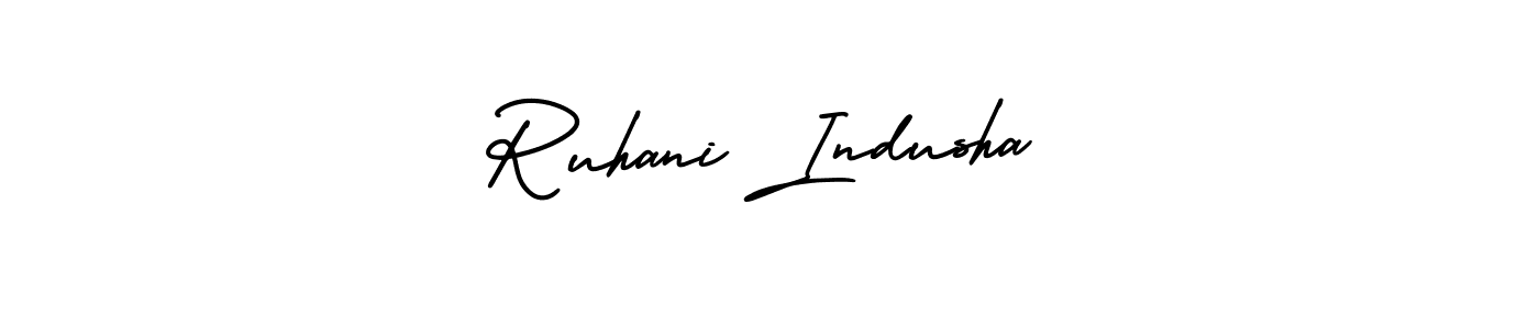 The best way (AmerikaSignatureDemo-Regular) to make a short signature is to pick only two or three words in your name. The name Ruhani Indusha include a total of six letters. For converting this name. Ruhani Indusha signature style 3 images and pictures png